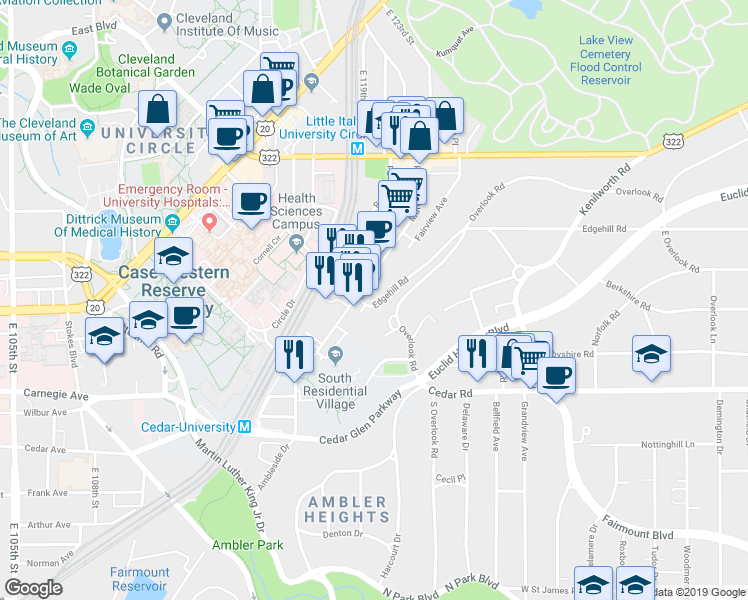 map of restaurants, bars, coffee shops, grocery stores, and more near 2230 Edgehill Road in Cleveland
