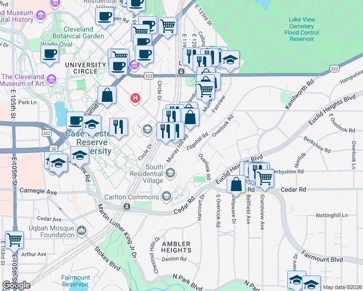 map of restaurants, bars, coffee shops, grocery stores, and more near 2230 Edgehill Road in Cleveland