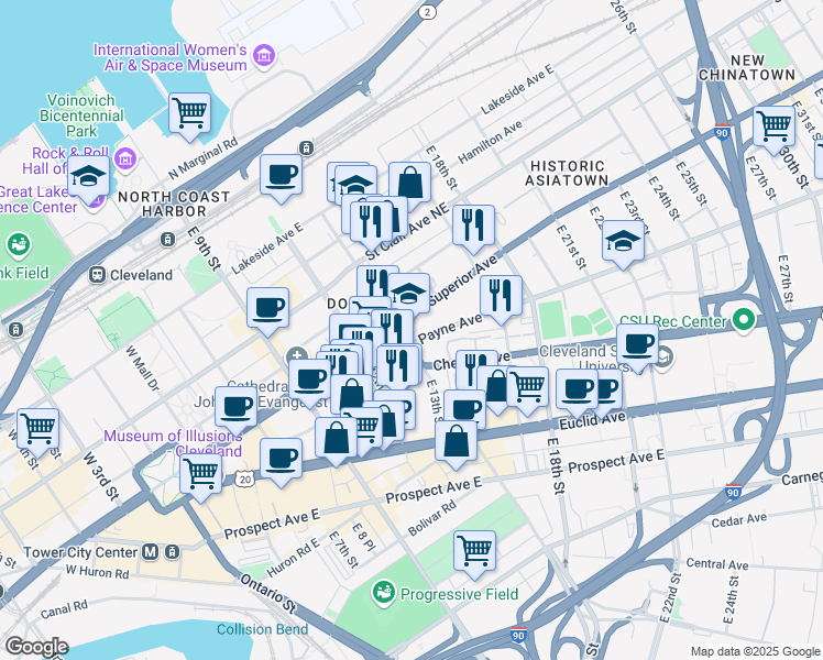 map of restaurants, bars, coffee shops, grocery stores, and more near 1821 U.S. 322 in Cleveland
