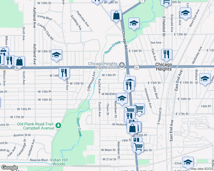 map of restaurants, bars, coffee shops, grocery stores, and more near 1521 Thorn Street in Chicago Heights