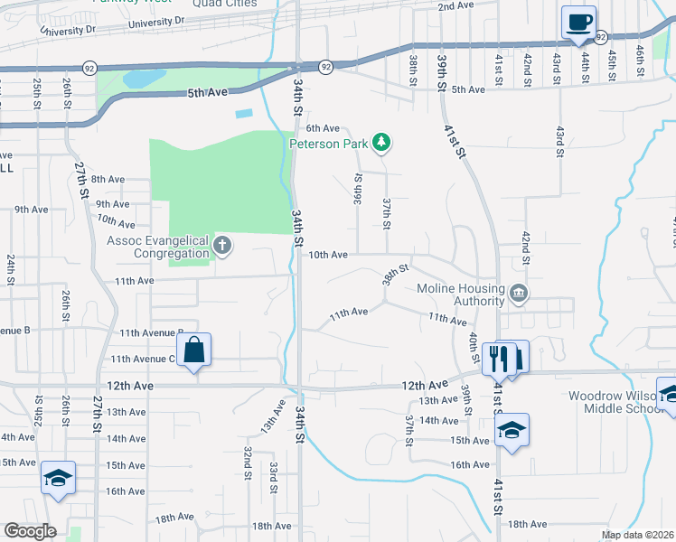 map of restaurants, bars, coffee shops, grocery stores, and more near 3708 10th Avenue Court in Moline