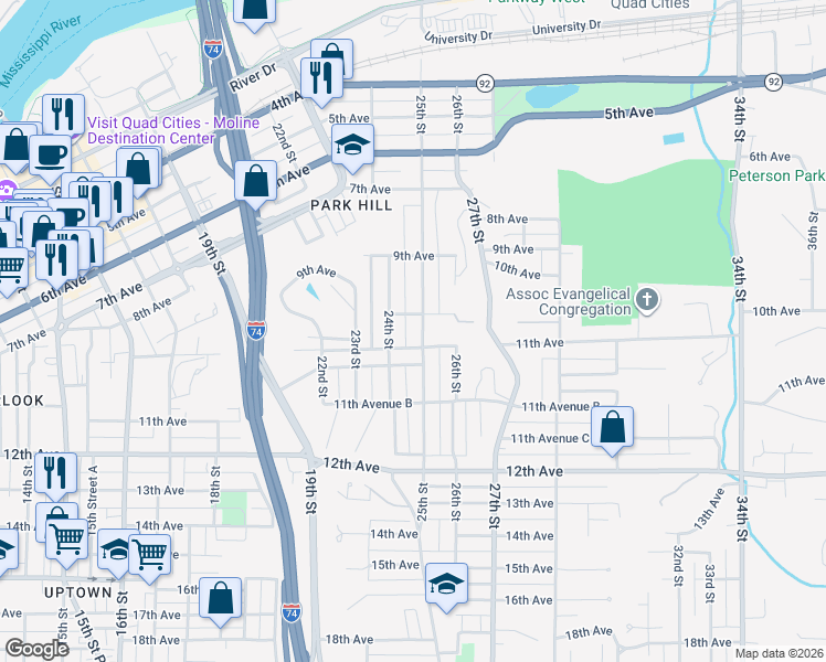 map of restaurants, bars, coffee shops, grocery stores, and more near 1024 24th Street in Moline