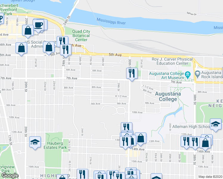 map of restaurants, bars, coffee shops, grocery stores, and more near 2831 8 1/2 Avenue in Rock Island