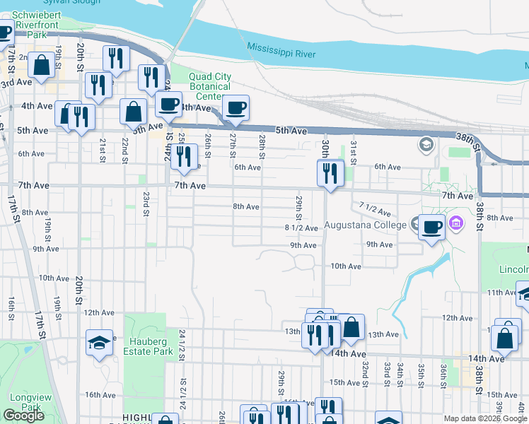 map of restaurants, bars, coffee shops, grocery stores, and more near 2739 8 1/2 Avenue in Rock Island
