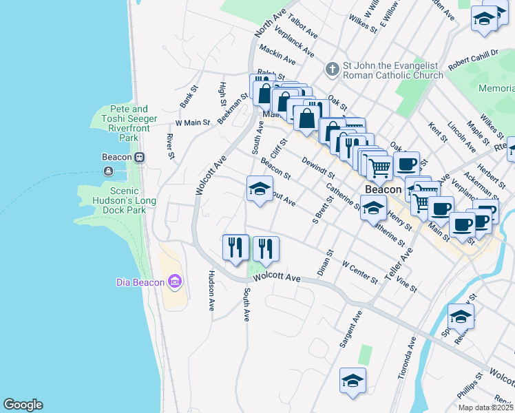 map of restaurants, bars, coffee shops, grocery stores, and more near 60 South Avenue in Beacon