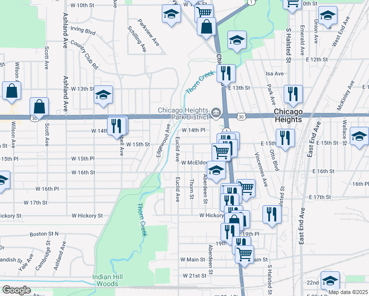 map of restaurants, bars, coffee shops, grocery stores, and more near 96 West 15th Street in Chicago Heights