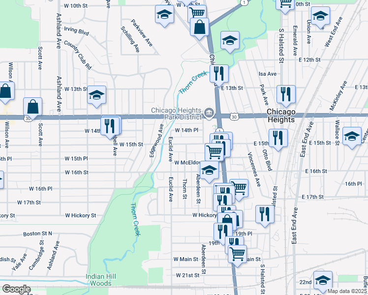 map of restaurants, bars, coffee shops, grocery stores, and more near 72 West 15th Street in Chicago Heights