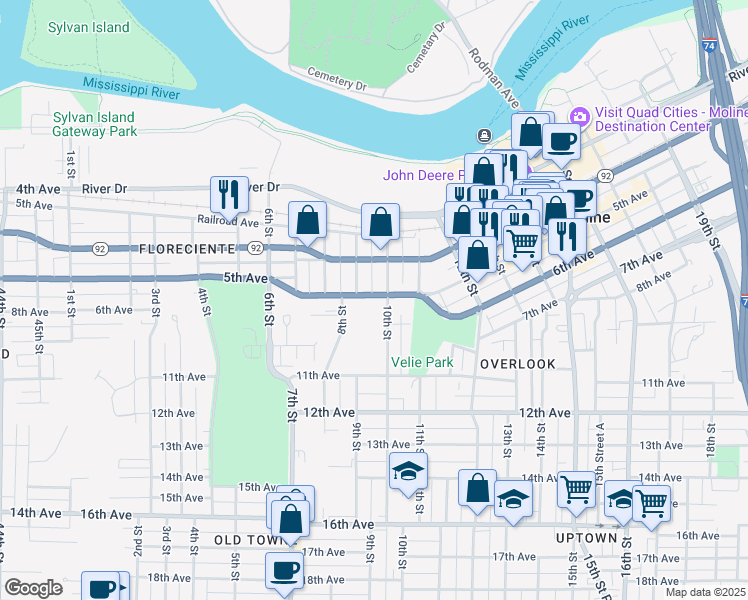map of restaurants, bars, coffee shops, grocery stores, and more near 922 5th Avenue in Moline