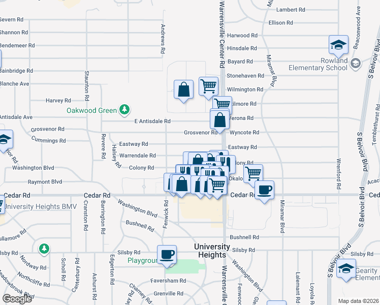 map of restaurants, bars, coffee shops, grocery stores, and more near 3930 Warrendale Road in South Euclid