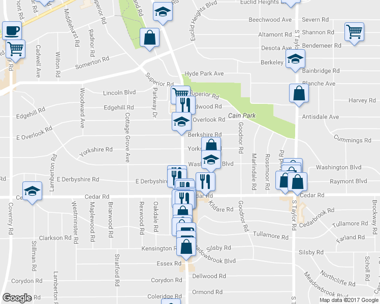 map of restaurants, bars, coffee shops, grocery stores, and more near in Cleveland Heights