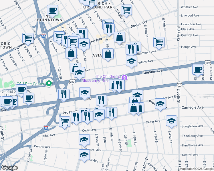 map of restaurants, bars, coffee shops, grocery stores, and more near in Cleveland