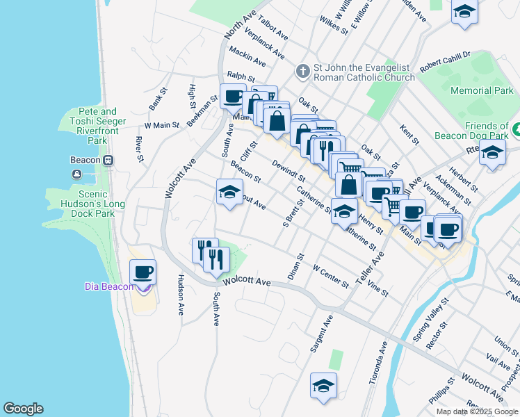 map of restaurants, bars, coffee shops, grocery stores, and more near 119 Rombout Avenue in Beacon