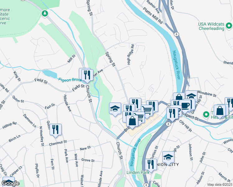 map of restaurants, bars, coffee shops, grocery stores, and more near 36 Dunn Lane in Naugatuck