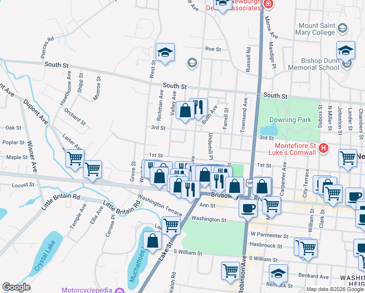 map of restaurants, bars, coffee shops, grocery stores, and more near 428 1st Street in Newburgh