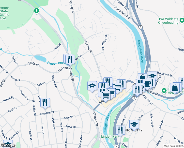 map of restaurants, bars, coffee shops, grocery stores, and more near 36 Dunn Lane in Naugatuck