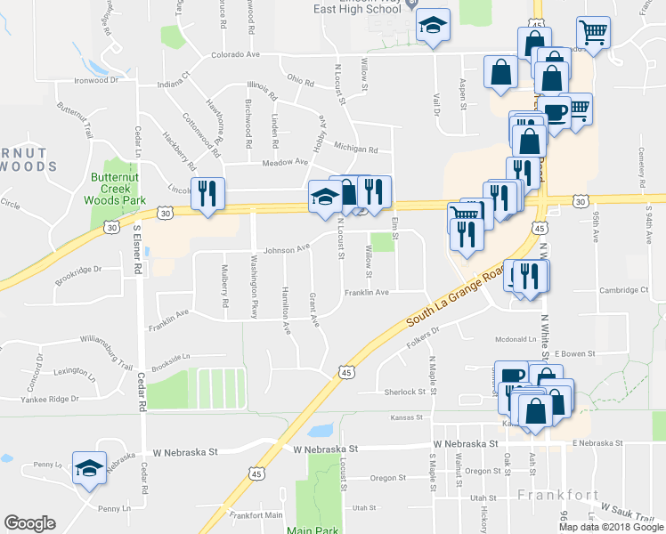 map of restaurants, bars, coffee shops, grocery stores, and more near 240 North Locust Street in Frankfort