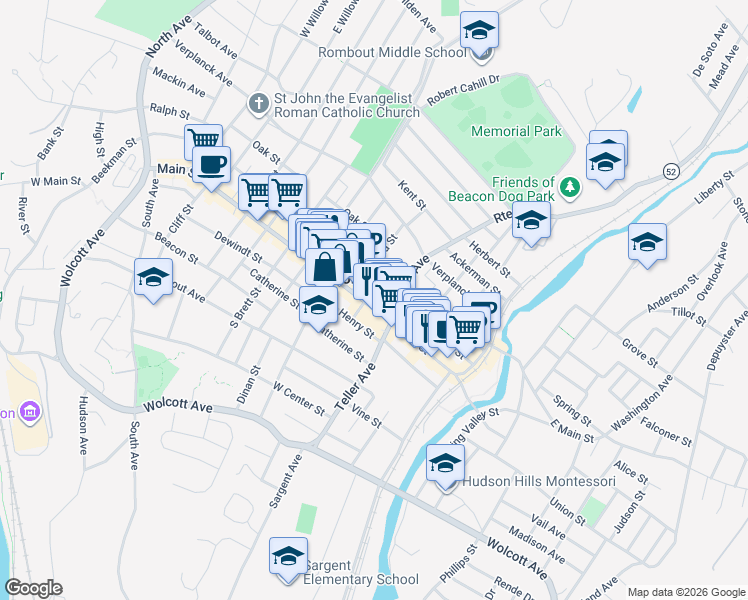 map of restaurants, bars, coffee shops, grocery stores, and more near 364 Main Street in Beacon