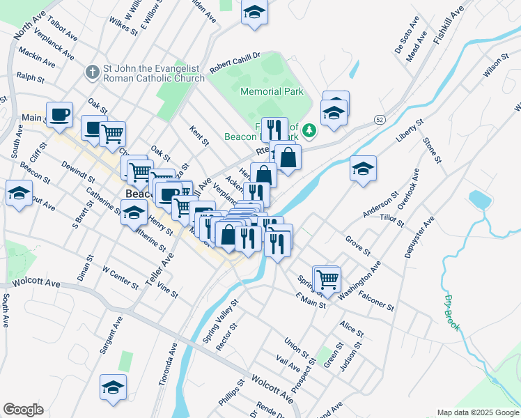 map of restaurants, bars, coffee shops, grocery stores, and more near 554 Main Street in Beacon