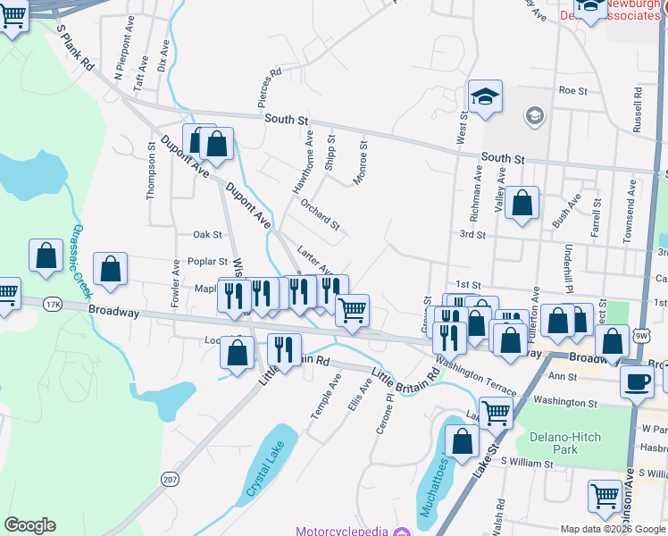 map of restaurants, bars, coffee shops, grocery stores, and more near 4 Larter Avenue in Newburgh