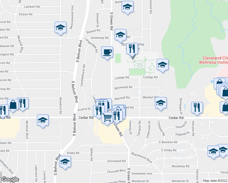 map of restaurants, bars, coffee shops, grocery stores, and more near 4469 Mackall Road in South Euclid