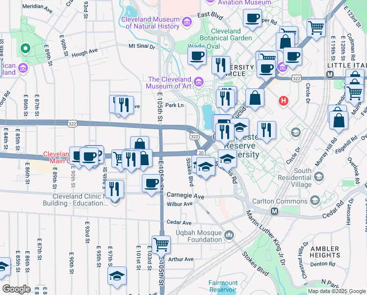 map of restaurants, bars, coffee shops, grocery stores, and more near in Cleveland