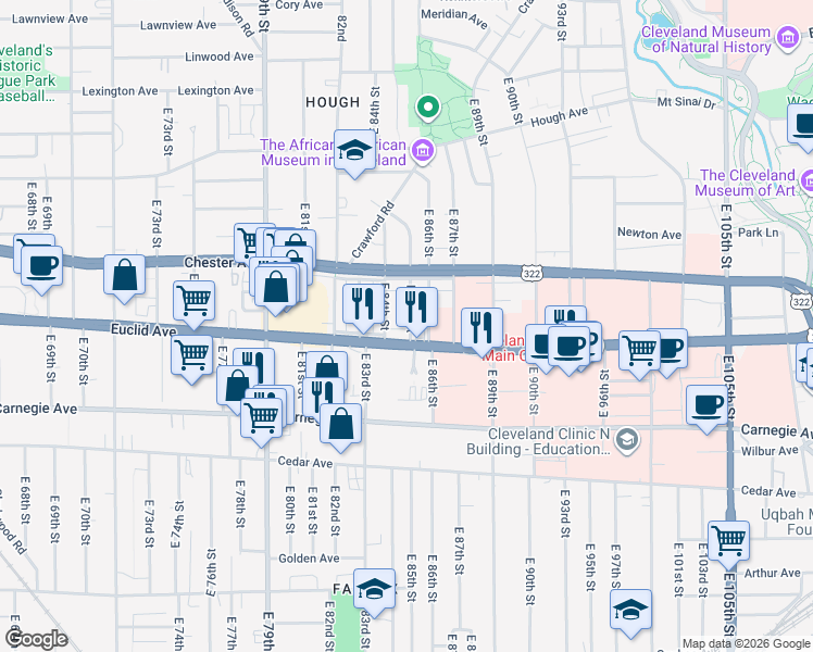 map of restaurants, bars, coffee shops, grocery stores, and more near 8417 U.S. 20 in Cleveland