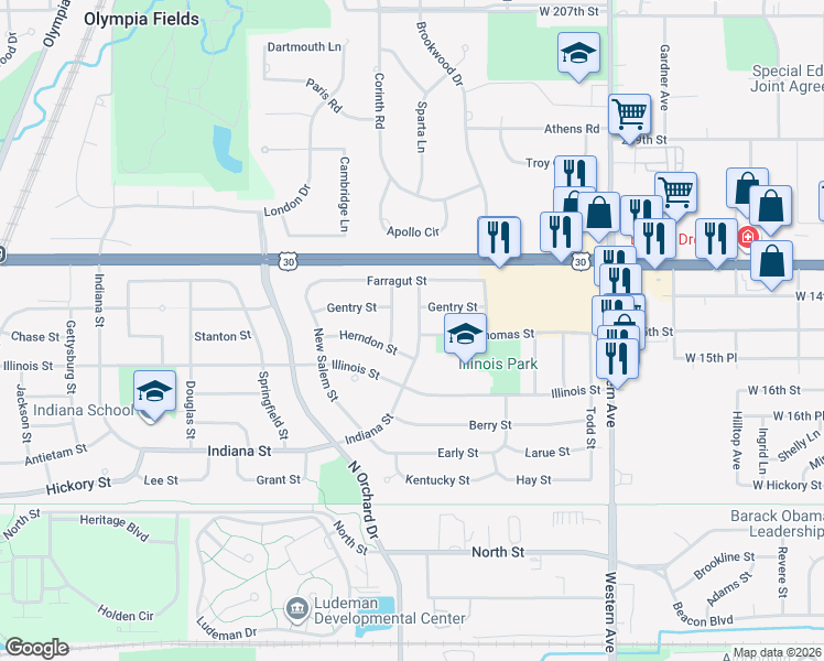 map of restaurants, bars, coffee shops, grocery stores, and more near 304 Herndon Street in Park Forest