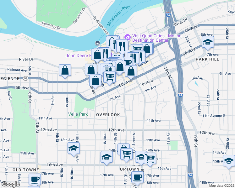 map of restaurants, bars, coffee shops, grocery stores, and more near 1322 7th Avenue in Moline