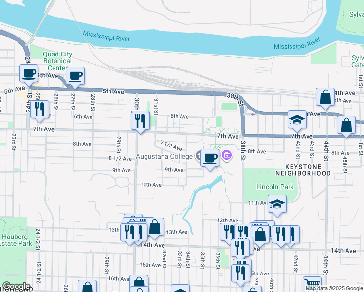 map of restaurants, bars, coffee shops, grocery stores, and more near 3328 8th Avenue in Rock Island