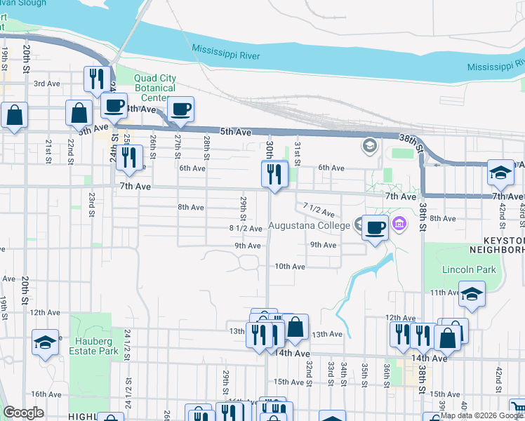 map of restaurants, bars, coffee shops, grocery stores, and more near 730 30th Street in Rock Island