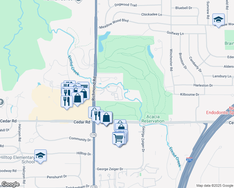 map of restaurants, bars, coffee shops, grocery stores, and more near 5200 Three Village Drive in Lyndhurst