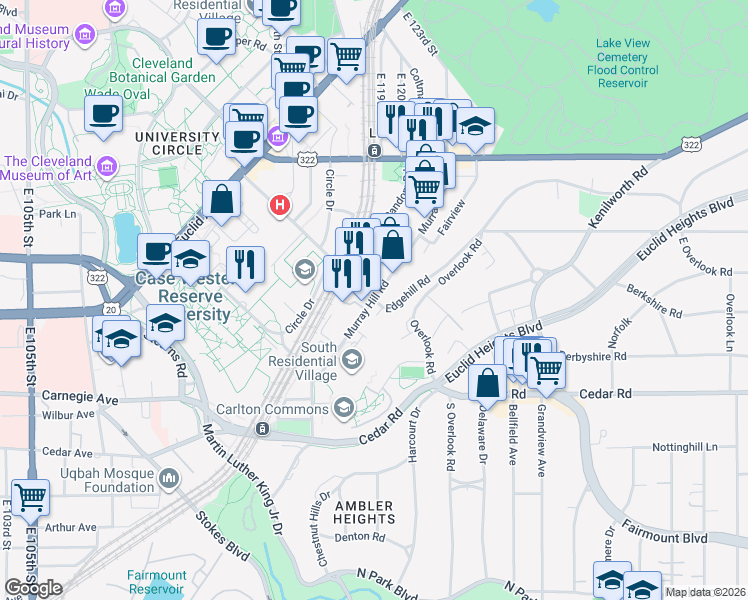 map of restaurants, bars, coffee shops, grocery stores, and more near Edgehill Rd & Murray Hill Rd in Cleveland