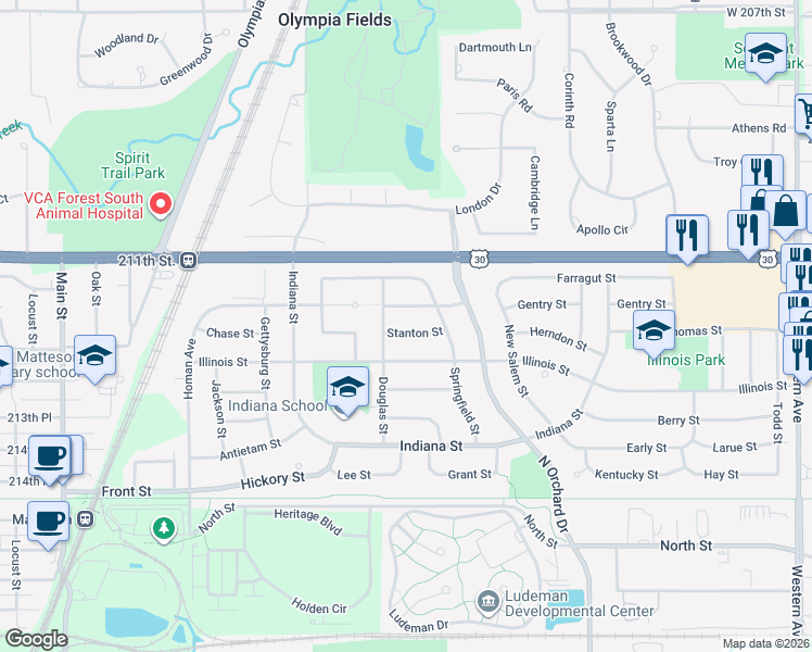 map of restaurants, bars, coffee shops, grocery stores, and more near 410 Stanton Street in Park Forest