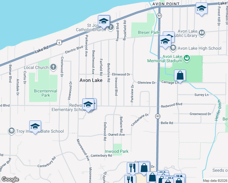 map of restaurants, bars, coffee shops, grocery stores, and more near 247 Inwood Boulevard in Avon Lake