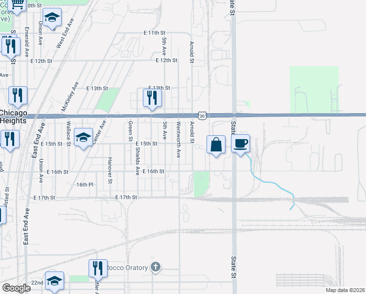 map of restaurants, bars, coffee shops, grocery stores, and more near 1523 Wentworth Avenue in Chicago Heights