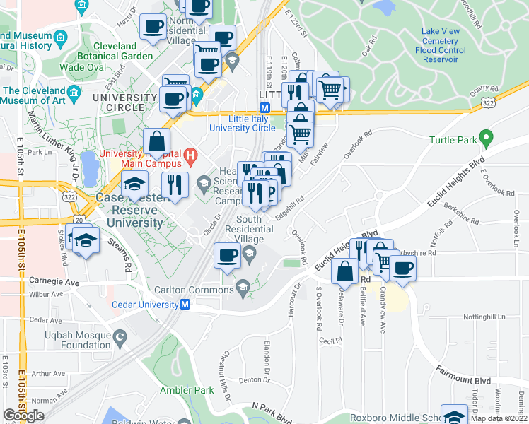 map of restaurants, bars, coffee shops, grocery stores, and more near Edgehill Rd & Cornell Rd & Murray Hill Rd in Cleveland
