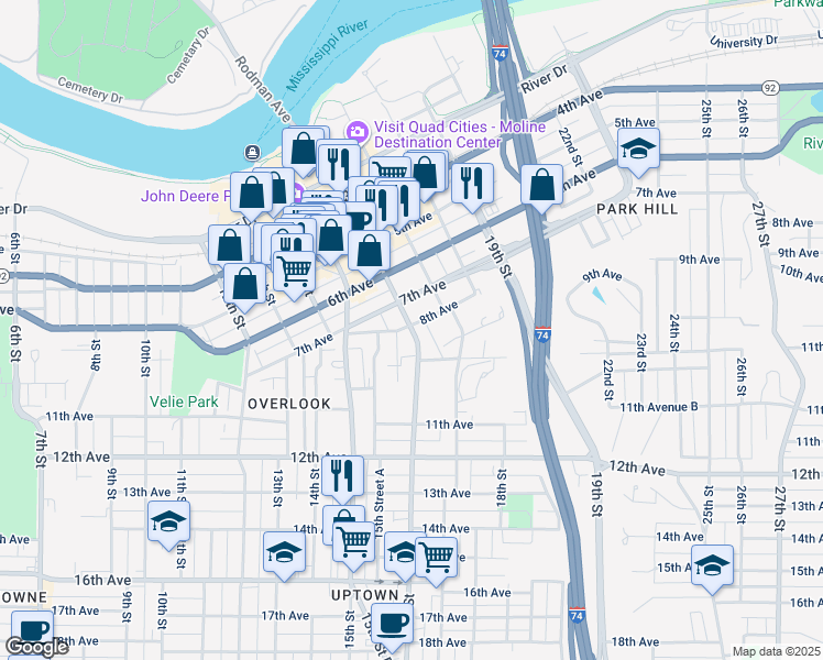 map of restaurants, bars, coffee shops, grocery stores, and more near 821 16th Street in Moline