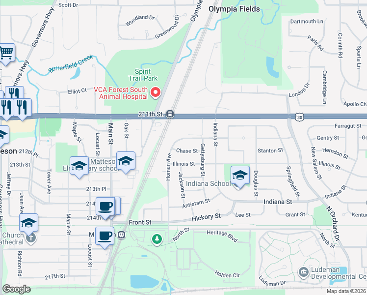 map of restaurants, bars, coffee shops, grocery stores, and more near 523 Chase Street in Park Forest
