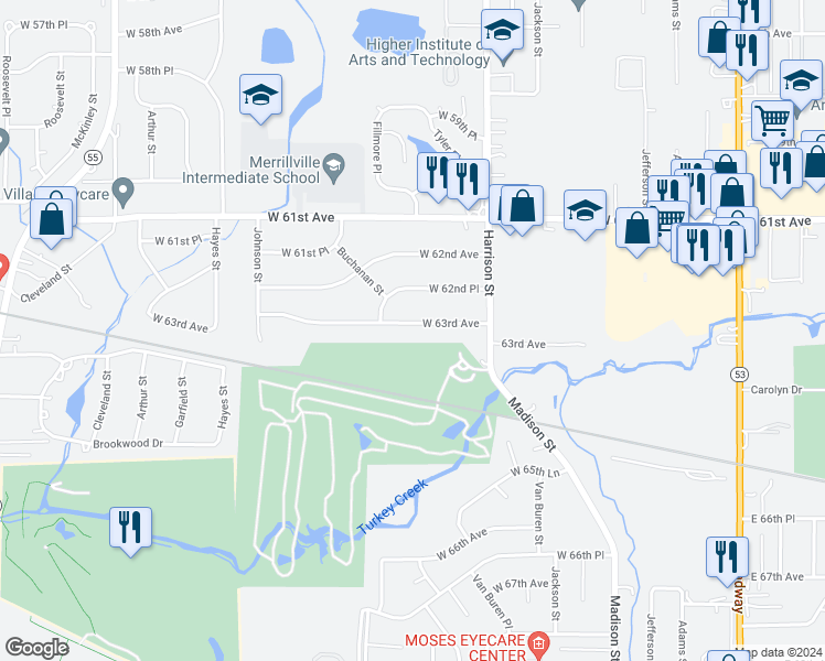 map of restaurants, bars, coffee shops, grocery stores, and more near 1017 West 63rd Avenue in Merrillville