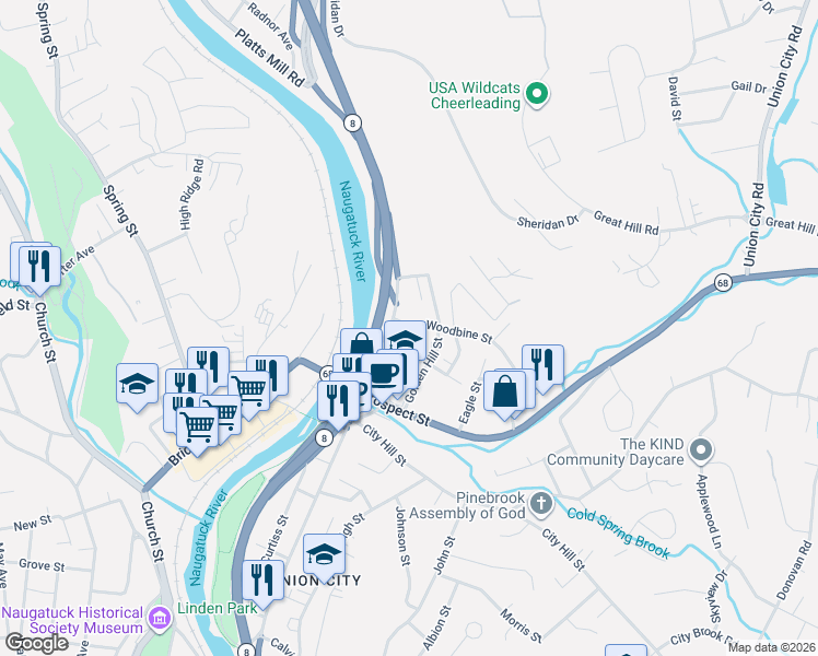 map of restaurants, bars, coffee shops, grocery stores, and more near 17 Woodbine Street in Naugatuck