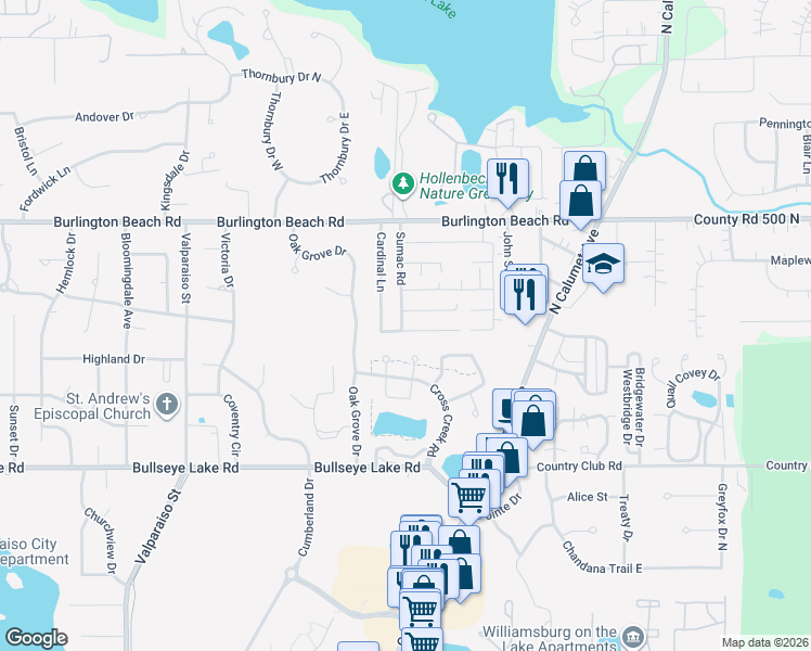map of restaurants, bars, coffee shops, grocery stores, and more near 3899 Wind Meadow Court in Valparaiso