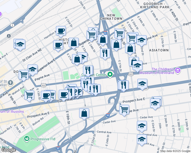map of restaurants, bars, coffee shops, grocery stores, and more near 2303 Chester Avenue in Cleveland