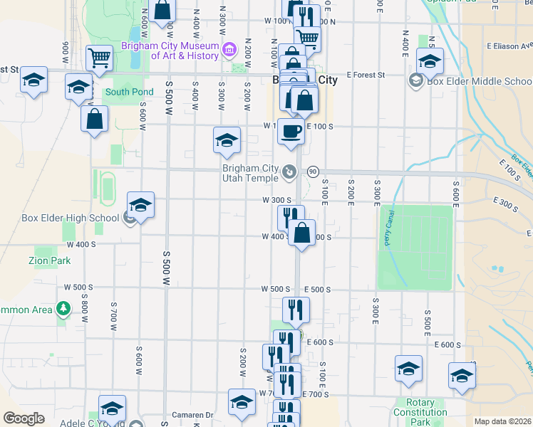 map of restaurants, bars, coffee shops, grocery stores, and more near 324 South 100 West in Brigham City