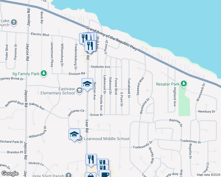 map of restaurants, bars, coffee shops, grocery stores, and more near 163 Oakwood Drive in Avon Lake