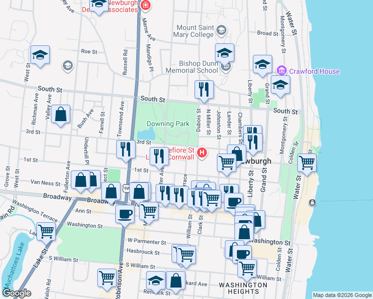 map of restaurants, bars, coffee shops, grocery stores, and more near 207 3rd Street in Newburgh