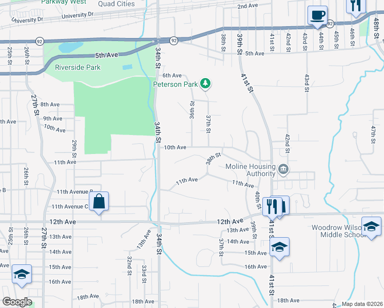 map of restaurants, bars, coffee shops, grocery stores, and more near 3728 10th Avenue Court in Moline