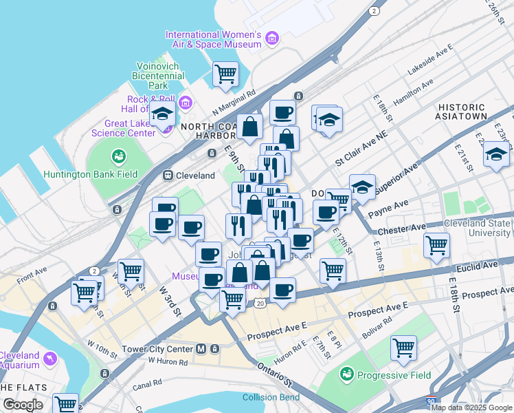 map of restaurants, bars, coffee shops, grocery stores, and more near 777 West Saint Clair Avenue in Cleveland