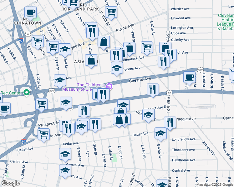 map of restaurants, bars, coffee shops, grocery stores, and more near 3955 Euclid Avenue in Cleveland