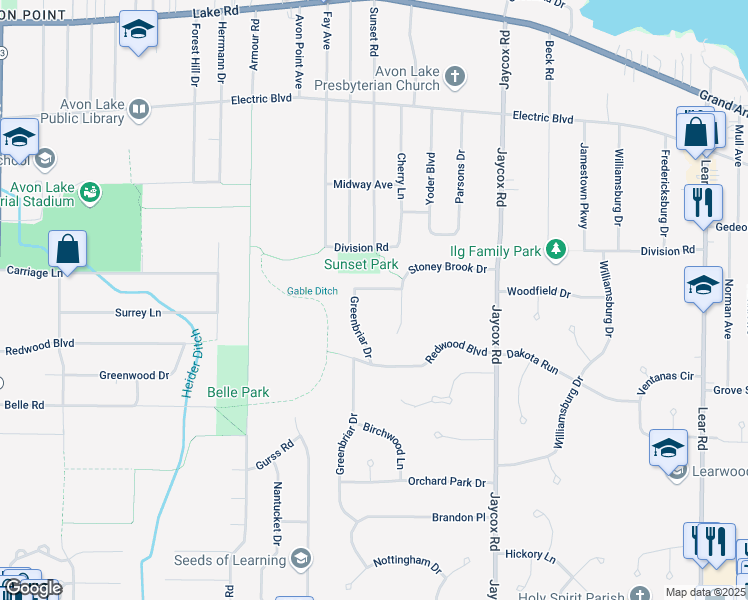 map of restaurants, bars, coffee shops, grocery stores, and more near 296 Chestnut Court in Avon Lake