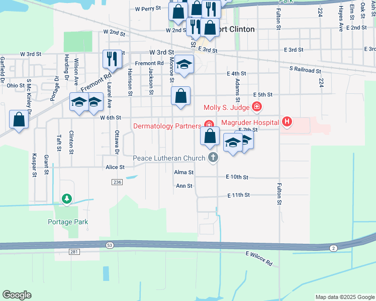 map of restaurants, bars, coffee shops, grocery stores, and more near in Port Clinton